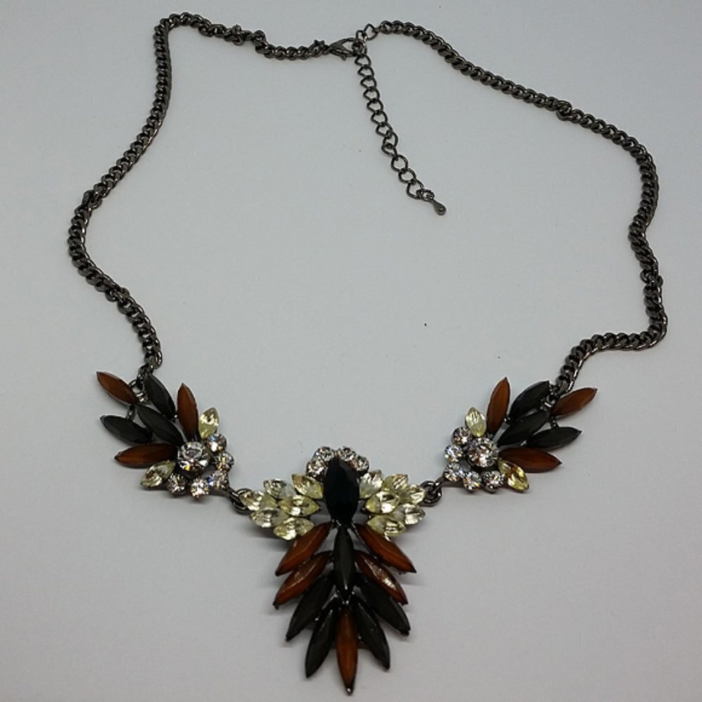 GUNMETAL chain crystal rhinestone elegant statement necklace bejeweled costume.